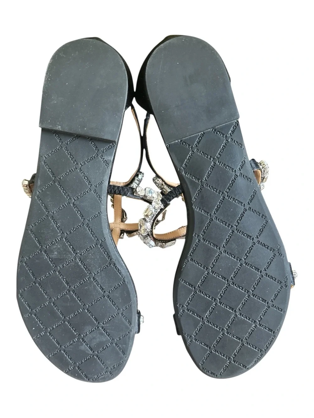 Badgley Mischka Waren Black Satin Crystal Embellished T-Strap Sandals Sz 6